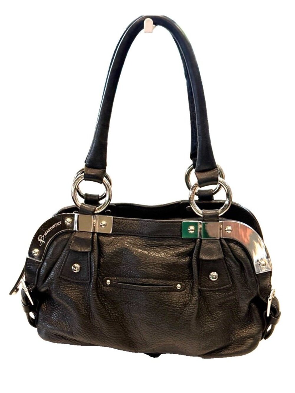B. Makowsky Black Leather Satchel Silver Hardware Double Handles Animal Print